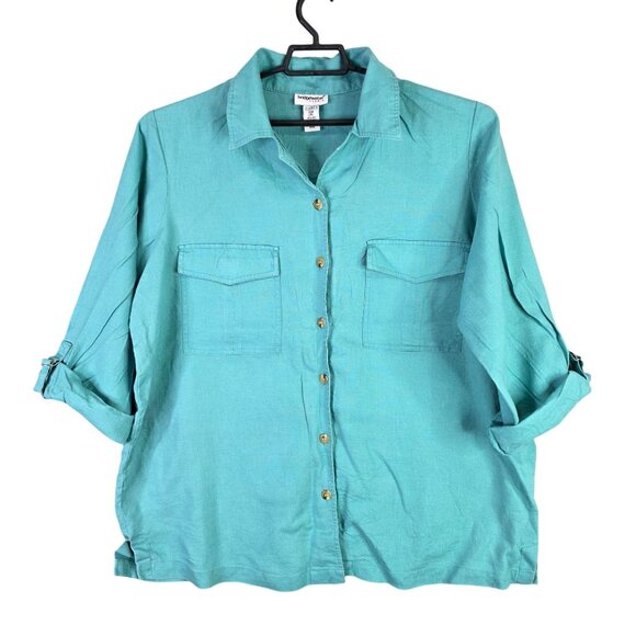 Womens Bridgewater Studios Teal 100% Linen Shirt Button Up Roll Tab Sleeves 20W - Picture 1 of 8